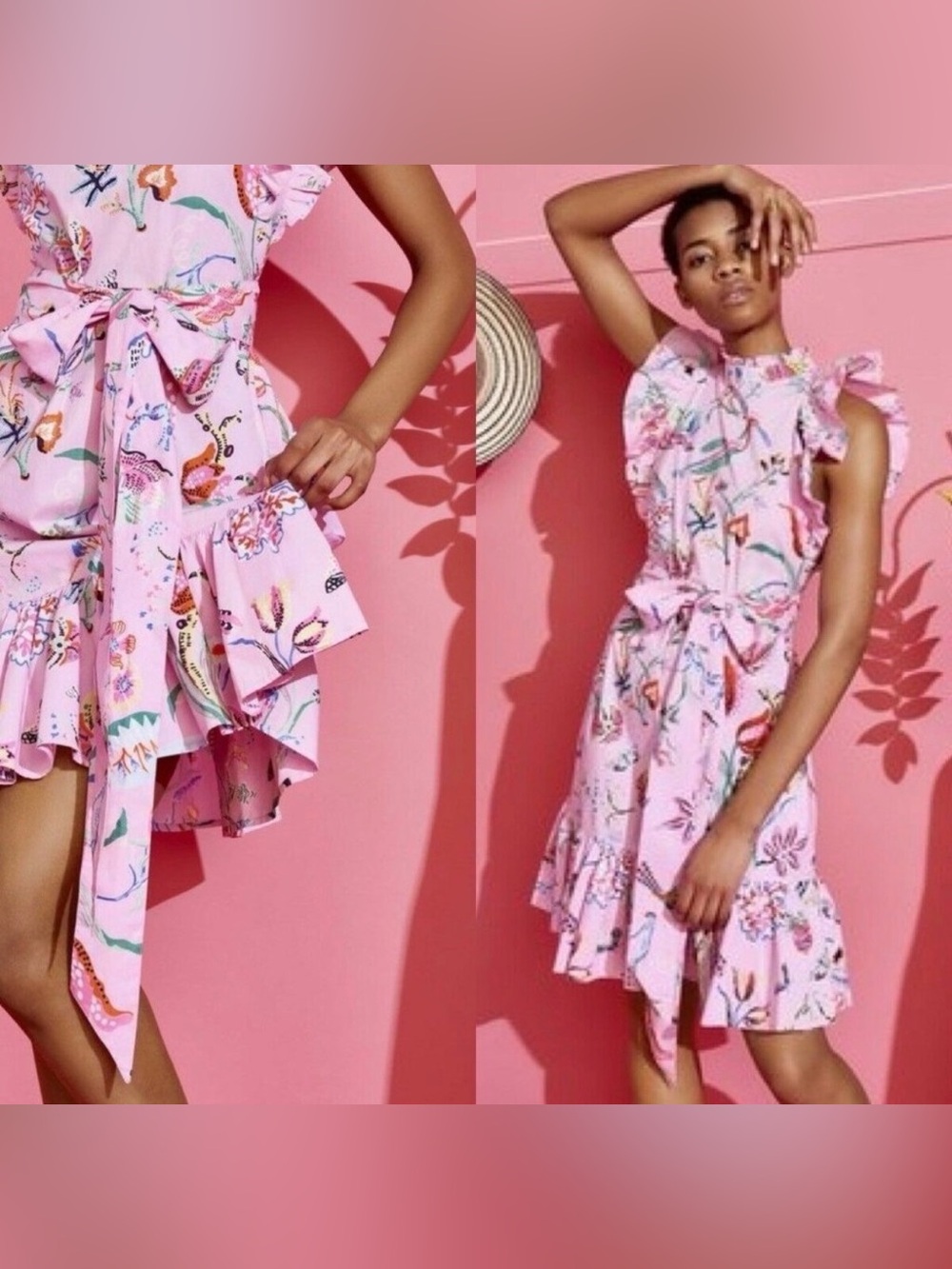 Banjanan Bulbul Ruffle Belted Cotton Mini Dress‎ Hummingbird Flamingo Size Small